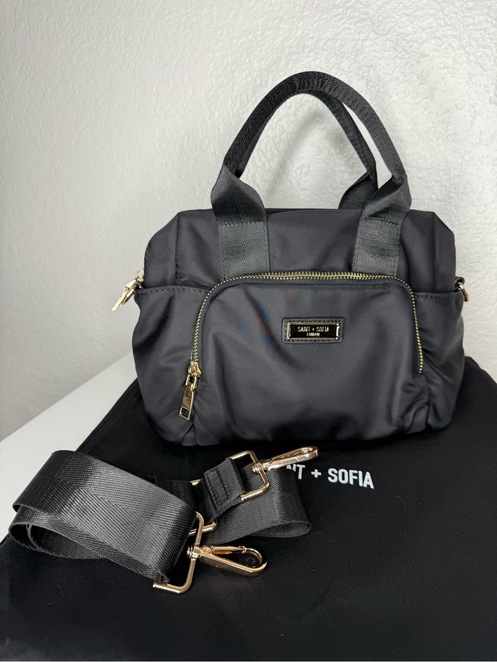 Saint & Sofia Black Mini Nylon Satchel with Gold Hardware